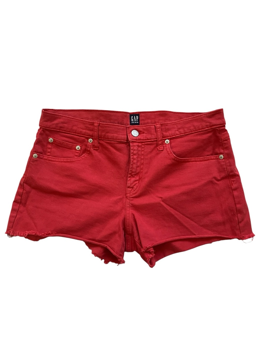 GAP Denim 1969 Red 3“ Mid Rise Cutoff Jean Shorts Raw Hem size 28